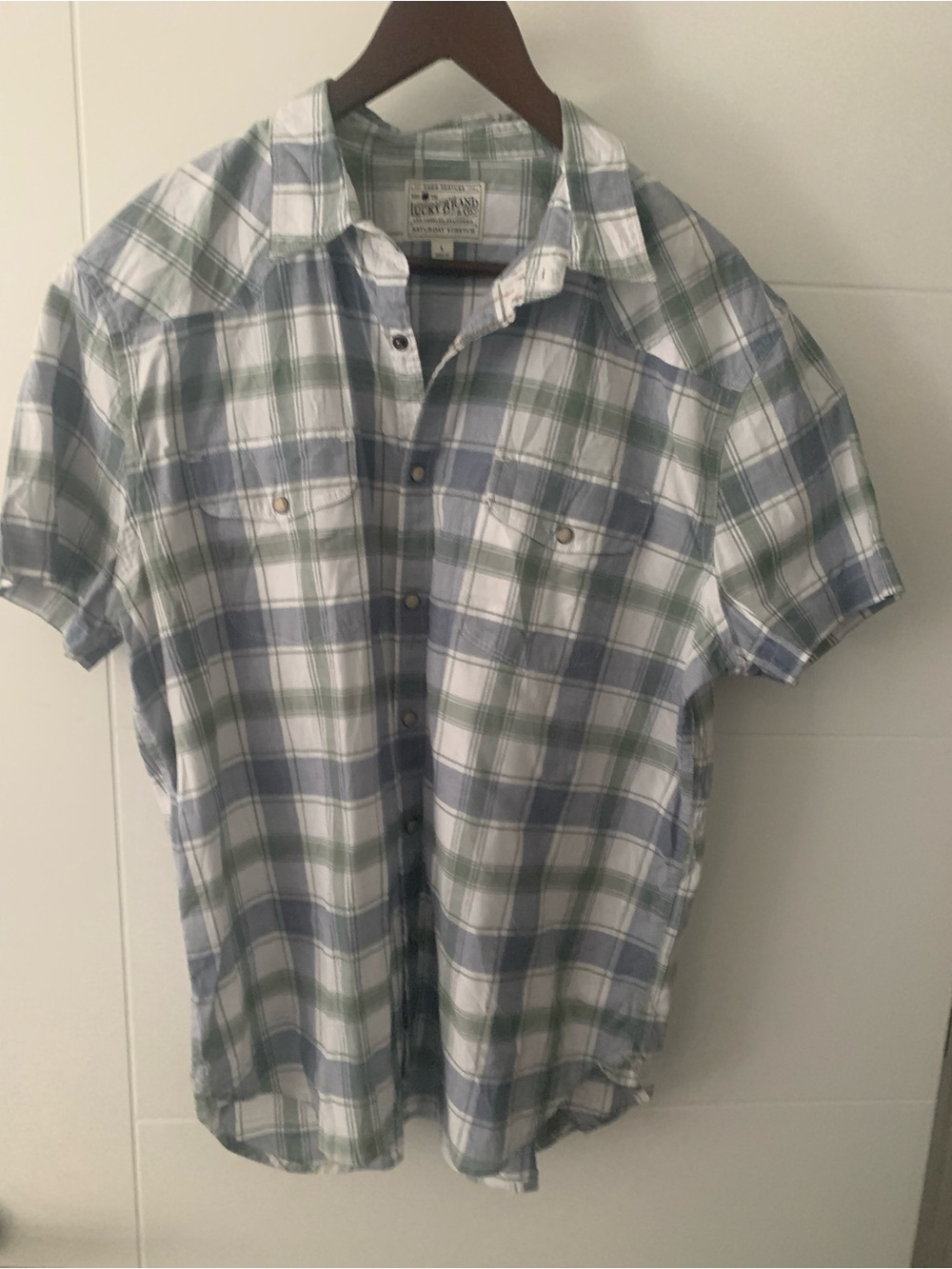 Lucky Brand Blue, Green and White Plaid Short Sleeve Button-Down Shirt A15